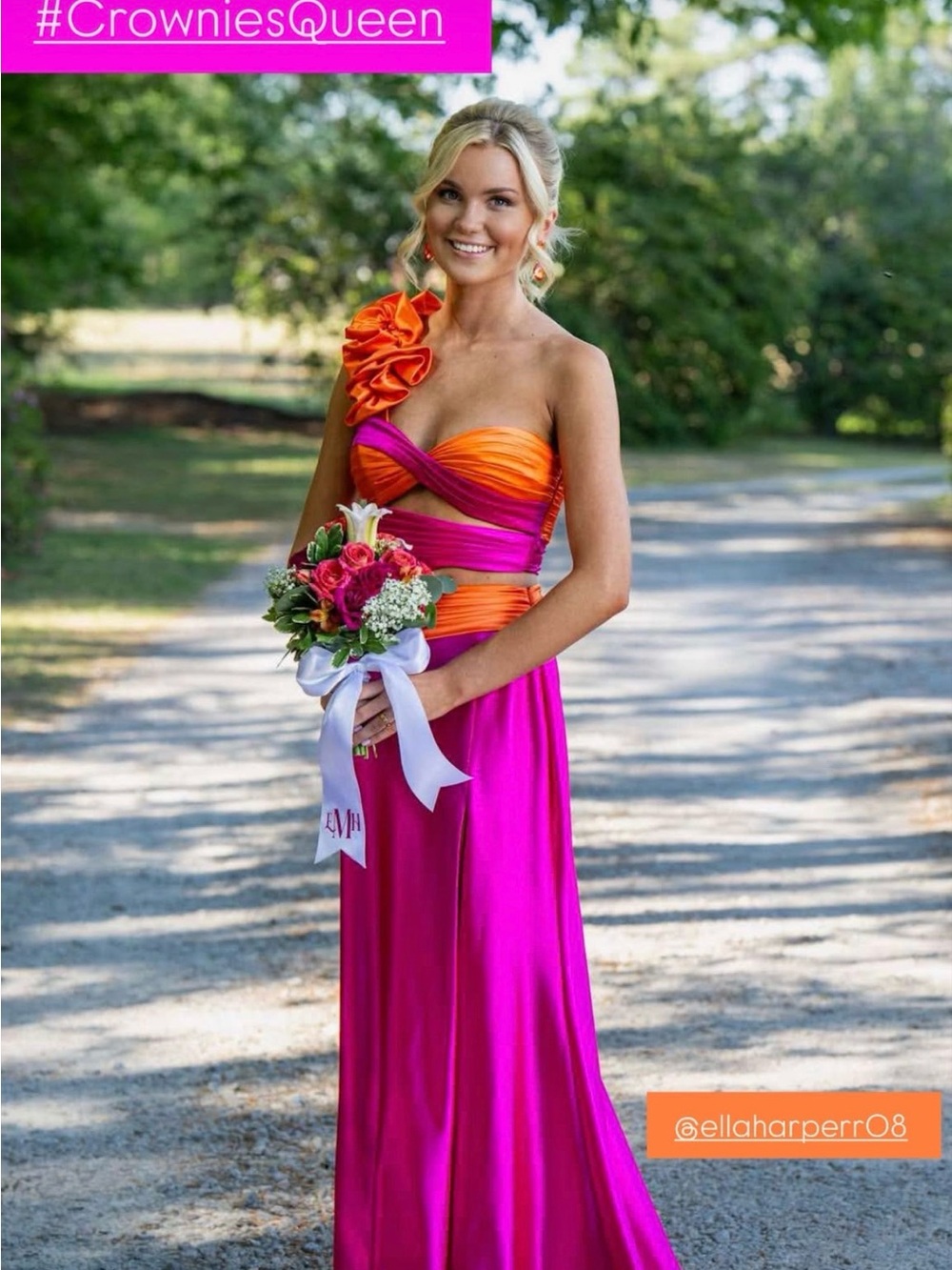 Sherri Hill Fuchsia Pink & Bright Orange One-Shoulder Prom Gown